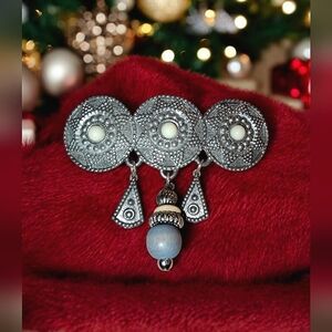 Silver Tone White Enamel Brooch with Drop Pendants Unsigned